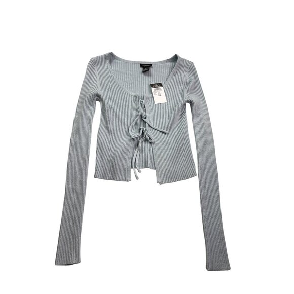 Rue21 Ribbed Long Sleeve Tie Front Cropped Knit Cardigan Top Size XS Light Blue - Picture 1 of 4